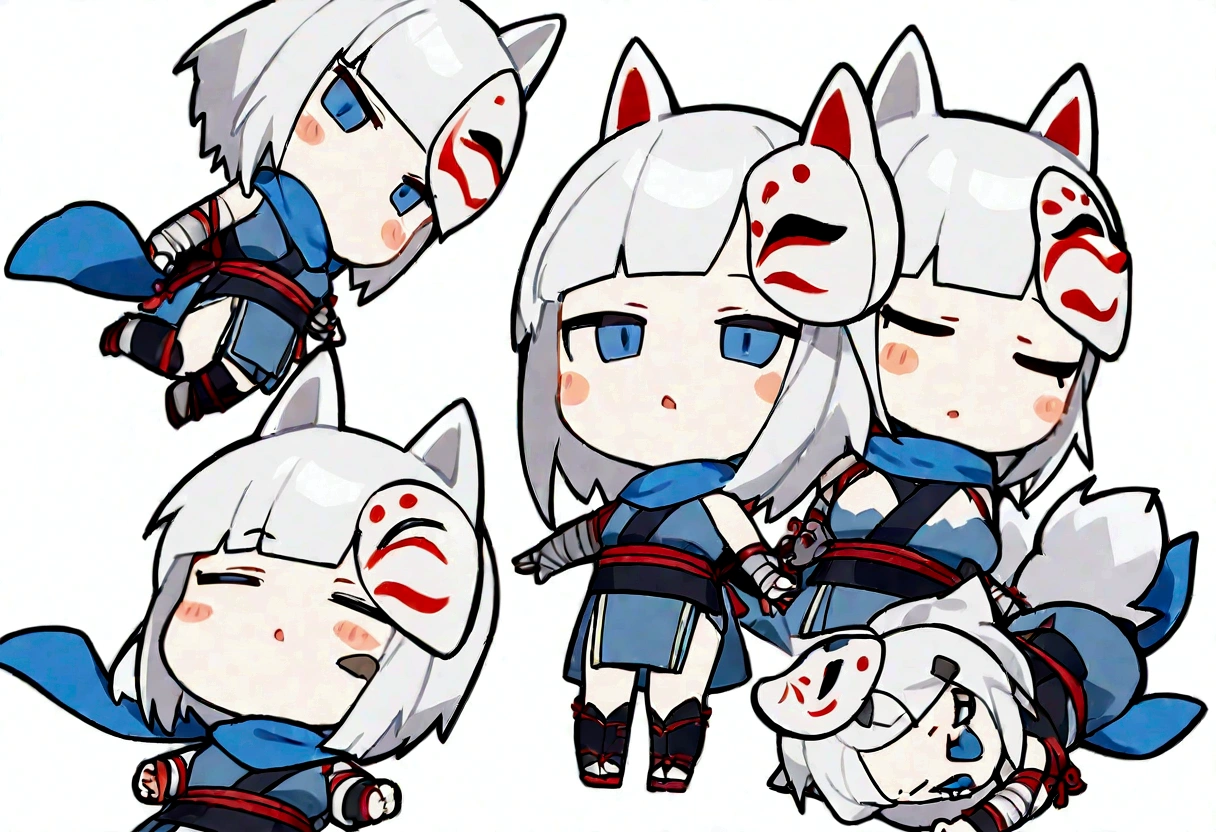 solo、1 person、whole body、Fall down、sleep、sleep、Stickers、White Gauntlet、chibi,No sleeve、Bleaching、(masterpiece, best quality:1.2), 1girl, 独奏,Wolf girl, fox mask, ninja, girl, white hair, odd eyes, blue kimono, ninja girl, red and blue scarf,Chibi Character、White background, fantastic atmosphere.White background、、Black fox mask、Fisheye Lens、hair、Bandage on chest、boy、Black fox mask、Blue Bondage