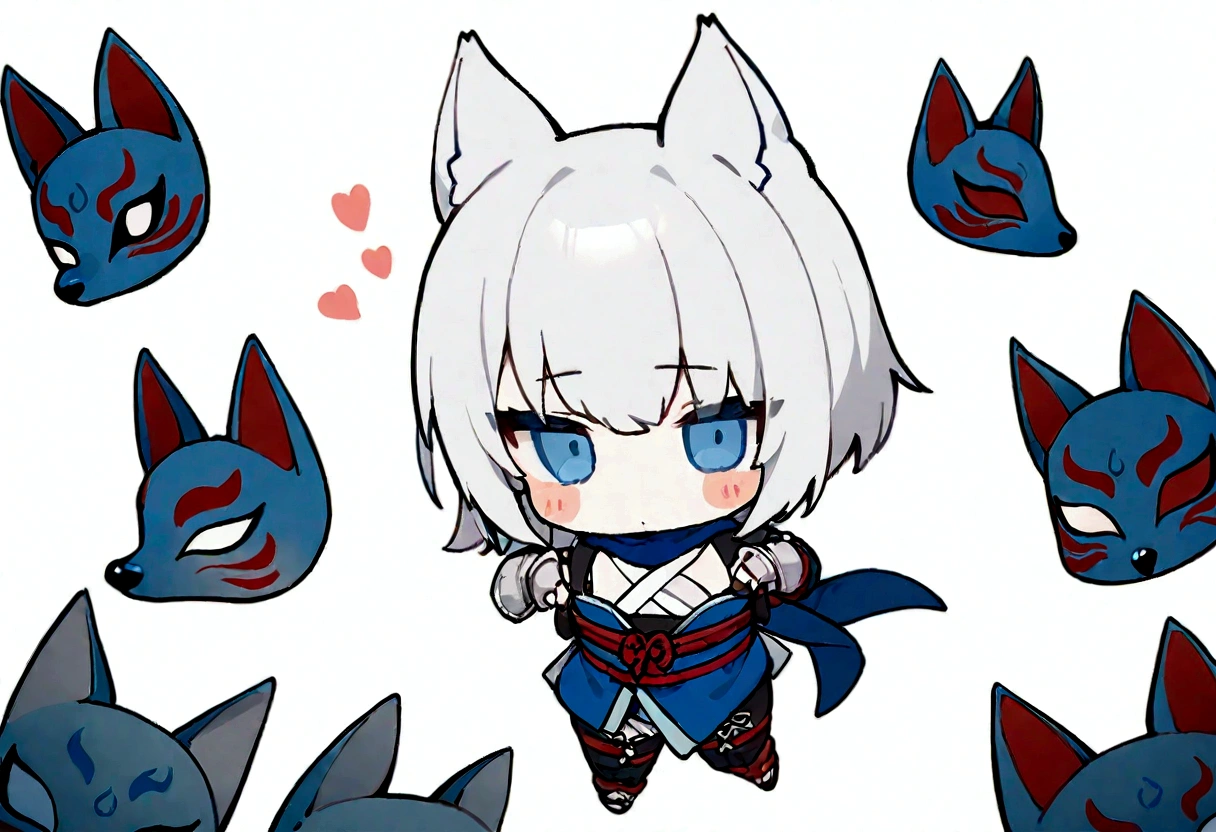 solo、1 person、whole body、Fall down、sleep、sleep、Stickers、White Gauntlet、chibi,No sleeve、Bleaching、(masterpiece, best quality:1.2), 1girl, 独奏,Wolf girl, fox mask, ninja, girl, white hair, odd eyes, blue kimono, ninja girl, red and blue scarf,Chibi Character、White background, fantastic atmosphere.White background、、Black fox mask、Fisheye Lens、hair、Bandage on chest、boy、Black fox mask、Blue Bondage