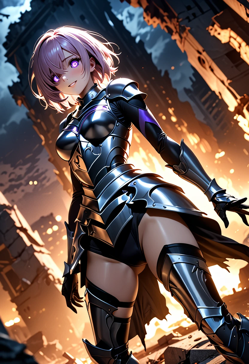 (masterpiece, top quality, best quality, beautiful and aesthetic:1.2), full body, SFW, extremely detailed, detailed face and eyes, detailed hands, cinematic light, depth of field, 1girl, seducing smile, solo, official, (full armored knight:1.4), dark armor, full-faced helmet that hides the face, mash kyrielight, slim body, cinematic lighting, dramatic lighting, dramatic atmosphere, hyper-realistic, high resolution, stunning contrast, high quality, best quality, 8k, 4k, intricately detailed, (amazing details:1.2), highly detailed skin, powerful presence, vibrant colors, (detailed eyes:1.2), striking eyes, (detailed background), (warzone on background, night, ruins), (dynamic angle:1.2), (dynamic pose:1.2)