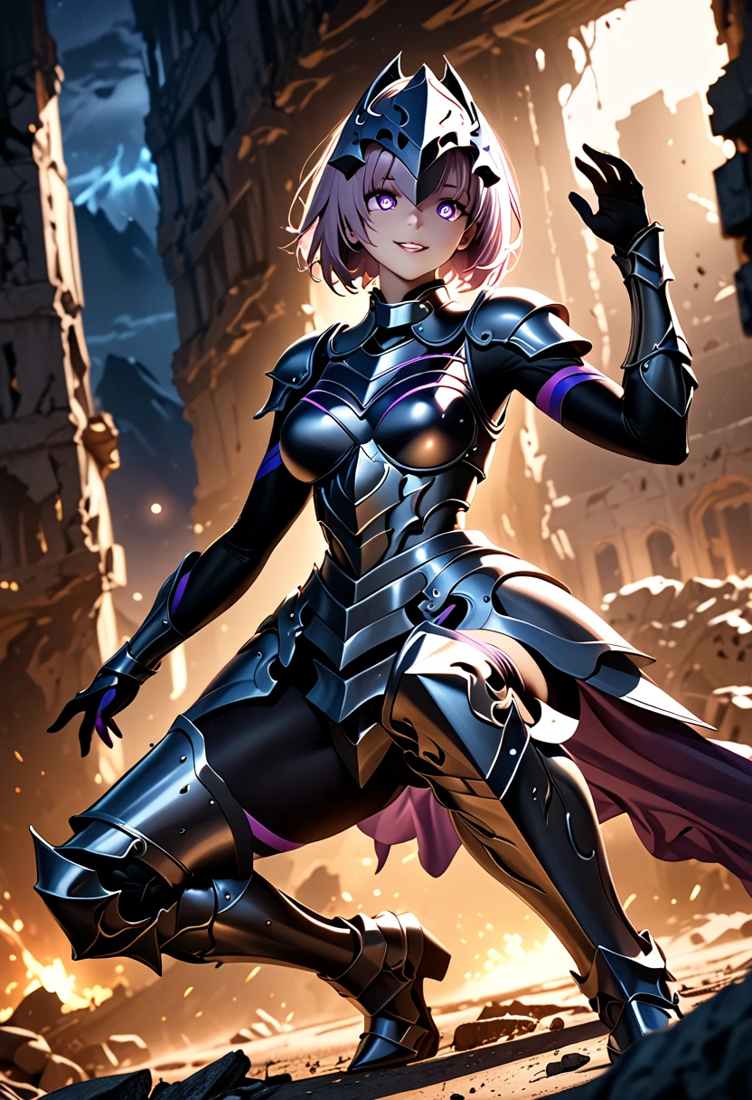 (masterpiece, top quality, best quality, beautiful and aesthetic:1.2), full body, SFW, extremely detailed, detailed face and eyes, detailed hands, cinematic light, depth of field, 1girl, seducing smile, solo, official, (full armored knight:1.4), dark armor, full-faced helmet that hides the face, mash kyrielight, slim body, cinematic lighting, dramatic lighting, dramatic atmosphere, hyper-realistic, high resolution, stunning contrast, high quality, best quality, 8k, 4k, intricately detailed, (amazing details:1.2), highly detailed skin, powerful presence, vibrant colors, (detailed eyes:1.2), striking eyes, (detailed background), (warzone on background, night, ruins), (dynamic angle:1.2), (dynamic pose:1.2)