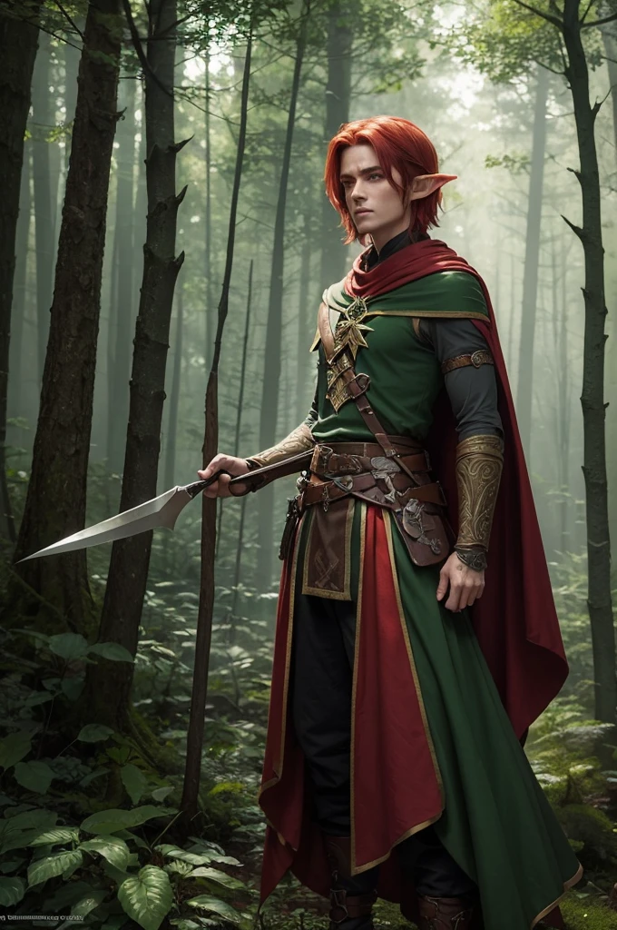 Create an image of a male forest elf with an undershave haircut, featuring vibrant red hair. The elf should be depicted with a quiver and bow strapped to his back. The art style should be animated and closely resemble the style of Dungeons & Dragons character illustrations. The background should evoke a mystical forest setting, enhancing the fantasy atmosphere of the image. The elf should have a confident and heroic stance, with intricate details in his clothing and accessories to emphasize his role as a skilled archer and protector of the forest.
