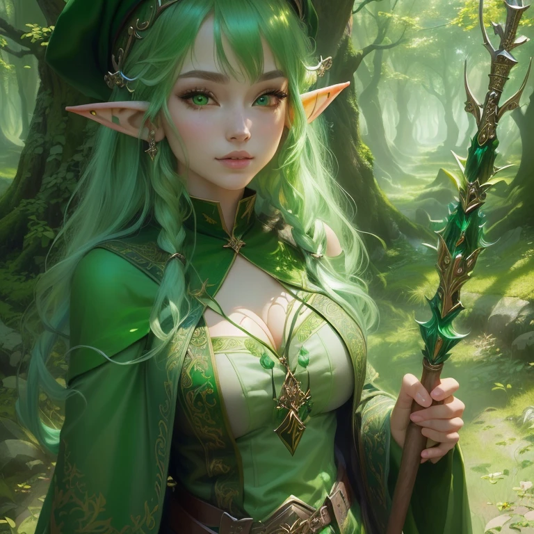 a woman with green hair and hat holding a wand, elf girl, beautiful forest elf, portrait of an elf, a portrait of an elf, portrait of a forest mage, fantasy art style, 极其详细的Artgerm, female elf, 2. anime fantasy art 5 d cgi, artgerm and wlop, portrait of a young elf wizard