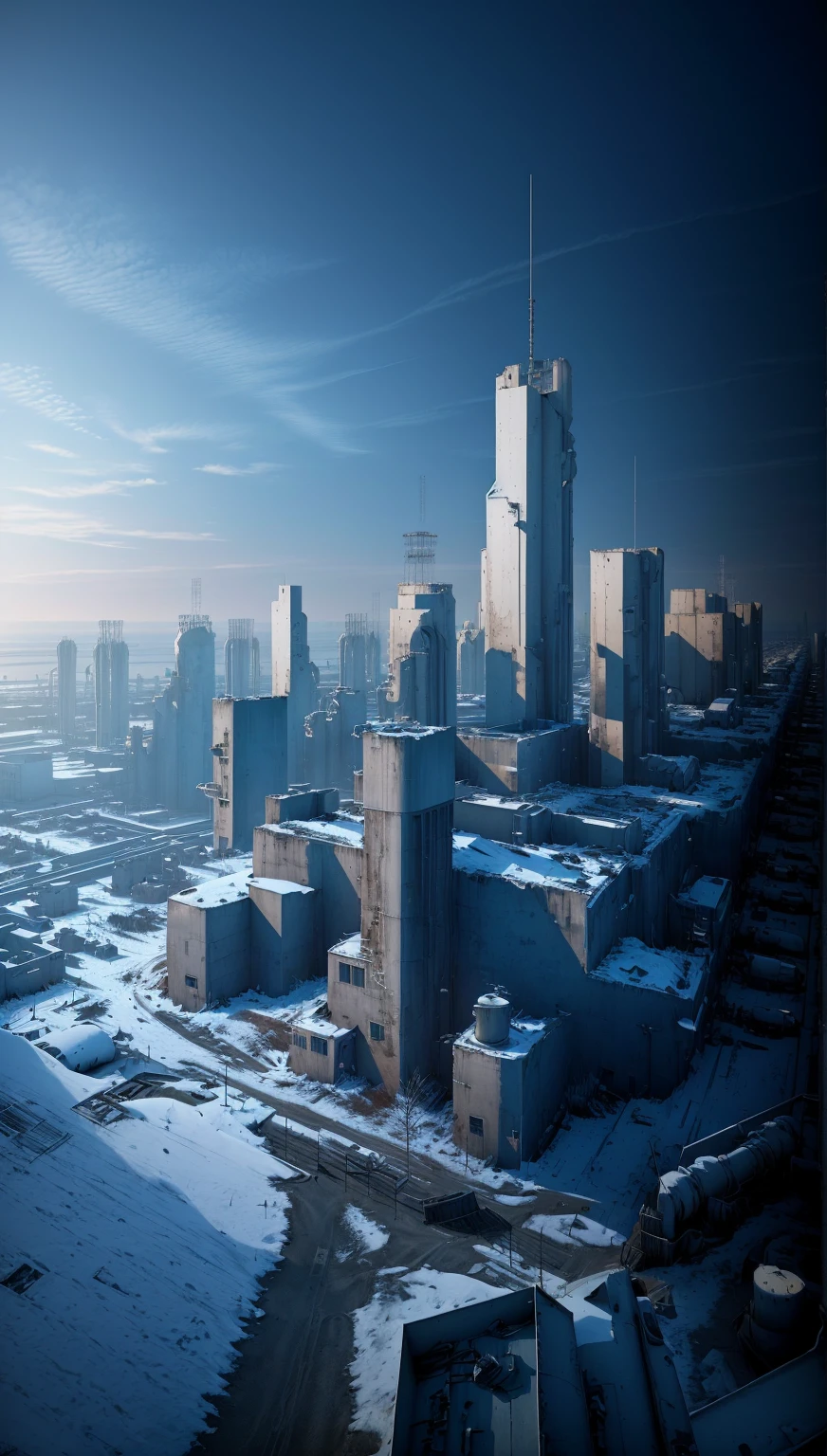 architecture，Wasteland，Military base，laboratory，Technology，Top view，8K，Ultra-clear，Snow