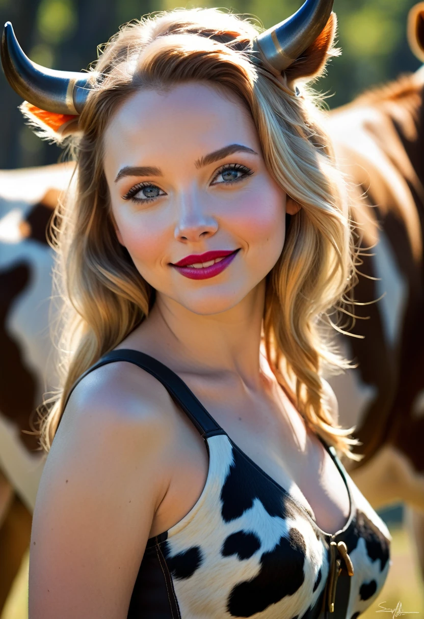 Create an illustrated, hand-drawn, full-color image of an humanoid, hybrid, anthropomorphic, sexy bovine woman. The artwork should be rendered in the style of "Breath of the Wild," featuring warm lighting and shadows. Include graphite shading, stencil marks, and airbrushed acrylic paint effects. The image should be of the highest quality, a masterpiece with intricate details. cow nose, cow ears.
The bovine woman should have a female, humanoid, appearance. She should have luscious lips, a wide smile, and bright, expressive eyes, exuding beauty, cuteness, and adorableness. Ensure the image is high resolution and sharply detailed, with a detailed and vibrant background. Scarlett Johanson, Alison Brie, Dove Cameron
Incorporate mystical lighting in the background, creating a romantic and enchanting atmosphere.