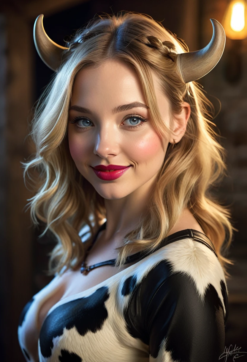 Create an illustrated, hand-drawn, full-color image of an  humanoid, hybrid, anthropomorphic,  sexy bovine woman. The artwork should be rendered in the style of "Breath of the Wild," featuring warm lighting and shadows. Include graphite shading, stencil marks, and airbrushed acrylic paint effects. The image should be of the highest quality, a masterpiece with intricate details. cow nose, cow ears.

The bovine woman should have a female, humanoid, appearance. She should have luscious lips, a wide smile, and bright, expressive eyes, exuding beauty, cuteness, and adorableness. Ensure the image is high resolution and sharply detailed, with a detailed and vibrant background. Scarlett Johanson, Alison Brie, Dove Cameron

Incorporate mystical lighting in the background, creating a romantic and enchanting atmosphere.
