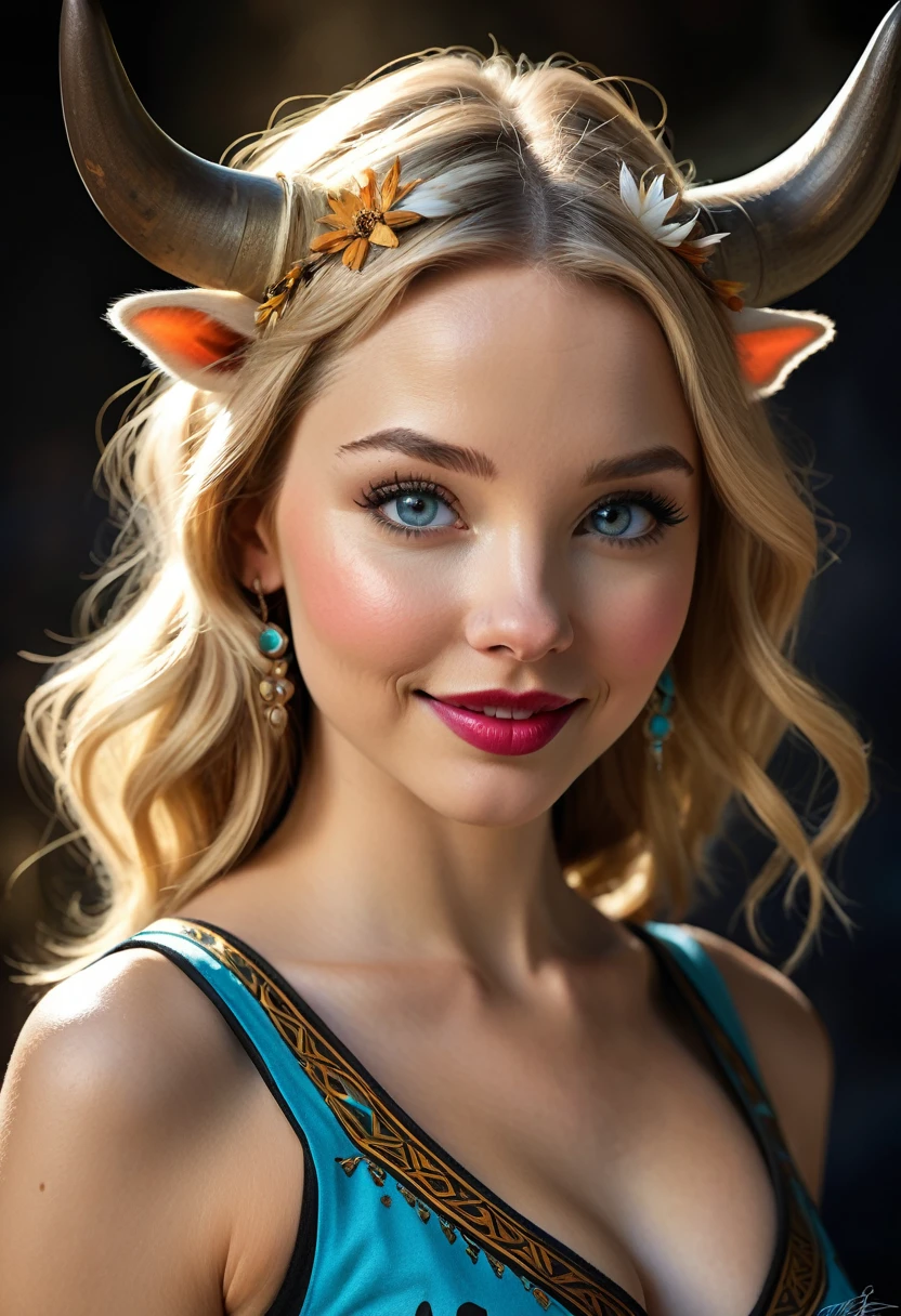 Create an illustrated, hand-drawn, full-color image of an humanoid, hybrid, anthropomorphic, sexy bovine woman. The artwork should be rendered in the style of "Breath of the Wild," featuring warm lighting and shadows. Include graphite shading, stencil marks, and airbrushed acrylic paint effects. The image should be of the highest quality, a masterpiece with intricate details. cow nose, cow ears.
The bovine woman should have a female, humanoid, appearance. She should have luscious lips, a wide smile, and bright, expressive eyes, exuding beauty, cuteness, and adorableness. Ensure the image is high resolution and sharply detailed, with a detailed and vibrant background. Scarlett Johanson, Alison Brie, Dove Cameron
Incorporate mystical lighting in the background, creating a romantic and enchanting atmosphere.
