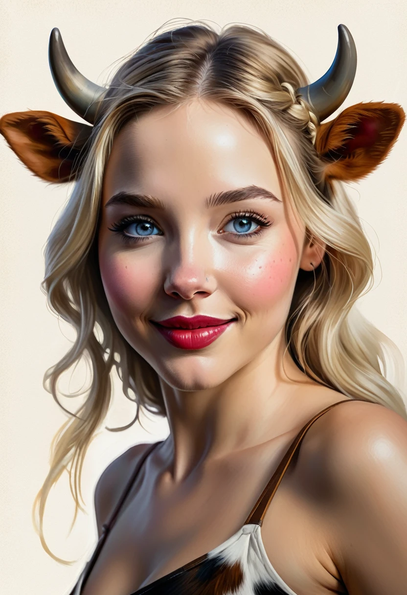 Create an illustrated, hand-drawn, full-color image of an humanoid, hybrid, anthropomorphic, sexy bovine woman. The artwork should be rendered in the style of "Breath of the Wild," featuring warm lighting and shadows. Include graphite shading, stencil marks, and airbrushed acrylic paint effects. The image should be of the highest quality, a masterpiece with intricate details. cow nose, cow ears.
The bovine woman should have a female, humanoid, appearance. She should have luscious lips, a wide smile, and bright, expressive eyes, exuding beauty, cuteness, and adorableness. Ensure the image is high resolution and sharply detailed, with a detailed and vibrant background. Scarlett Johanson, Alison Brie, Dove Cameron
Incorporate mystical lighting in the background, creating a romantic and enchanting atmosphere.