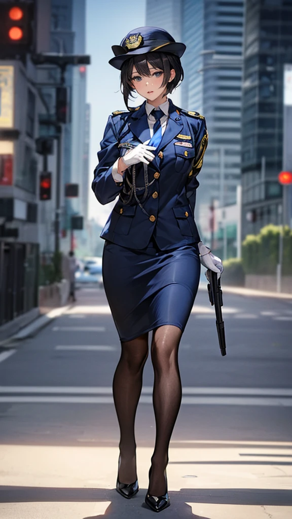 Highest quality、masterpiece、8K、Realistic、超High resolution、Very delicate and beautiful、High resolution、Cinema Lighting、medium range shooting、Perfect female body、Beautiful woman、Mature Woman、Beautiful Eyes、Cityscape、(short hair:1.8、Black Hair)、((Female police officer:1.4、紺色のFemale police officer、Female police officerの制帽、Uniform Buttons、Navy blue tie、Uniform jacket、White gloves))、pantyhose、Pencil Skirt、Stiletto heel pumps、Police Badge、Epaulettes、