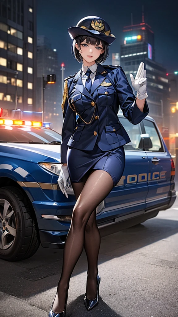 Highest quality、masterpiece、8K、Realistic、超High resolution、Very delicate and beautiful、High resolution、Cinema Lighting、medium range shooting、Perfect female body、Beautiful woman、Mature Woman、Beautiful Eyes、Cityscape、(short hair:1.8、Black Hair)、((Female police officer:1.4、紺色のFemale police officer、Female police officerの制帽、Uniform Buttons、Navy blue tie、Uniform jacket、White gloves))、pantyhose、Pencil Skirt、Stiletto heel pumps、Police Badge、Epaulettes、