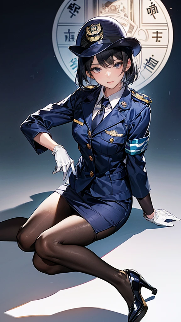 Highest quality、masterpiece、8K、Realistic、超High resolution、Very delicate and beautiful、High resolution、Cinema Lighting、medium range shooting、Perfect female body、Beautiful woman、Mature Woman、Beautiful Eyes、Cityscape、(short hair:1.8、Black Hair)、((Female police officer:1.4、紺色のFemale police officer、Female police officerの制帽、Uniform Buttons、Navy blue tie、Uniform jacket、White gloves))、pantyhose、Pencil Skirt、Stiletto heel pumps、Police Badge、Epaulettes、