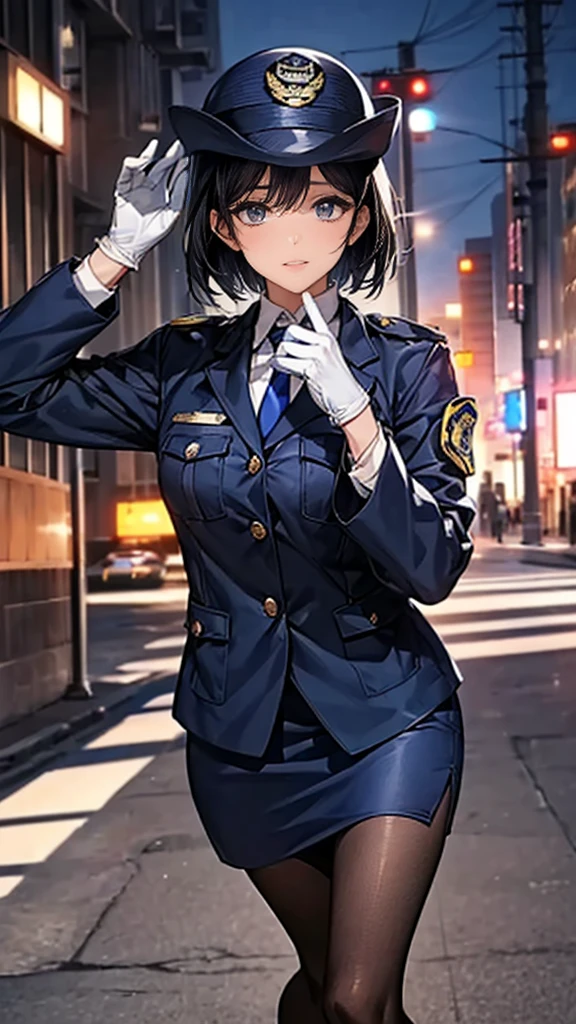 Highest quality、masterpiece、8K、Realistic、超High resolution、Very delicate and beautiful、High resolution、Cinema Lighting、medium range shooting、Perfect female body、Beautiful woman、Mature Woman、Beautiful Eyes、Cityscape、(short hair:1.8、Black Hair)、((Female police officer:1.4、紺色のFemale police officer、Female police officerの制帽、Uniform Buttons、Navy blue tie、Uniform jacket、White gloves))、pantyhose、Pencil Skirt、Stiletto heel pumps、Police Badge、Epaulettes、