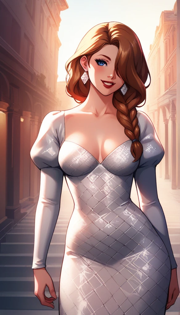Masterpiece, ((ultra detailed background, delicate pattern, intricate details)), (Highly detailed, Fine details), The best quality, 1girl, ,beautiful lighting, absurdities, RAW photo, Film grain, ((medium breasts, thin girl)), 1girl, May May, only, long hair, braid, dress, hair over one eye, They are smiling, long sleeves, flequillo braiddo, dress negro, cola de caballo braidda, cana, puffy sleeves, tenure, dress de cuello alto, make-up, cana, Red lips, one eye covered, lipstick, parted lips, single braid, (Complex detailed background, outside, urban environment, cowboy shot, from the rear),big breasts,long earrings ,big ass