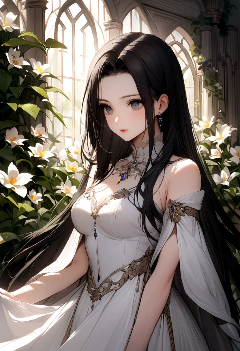 Black long hair,Straight Hair,The quiet older sister,garden,White Dress