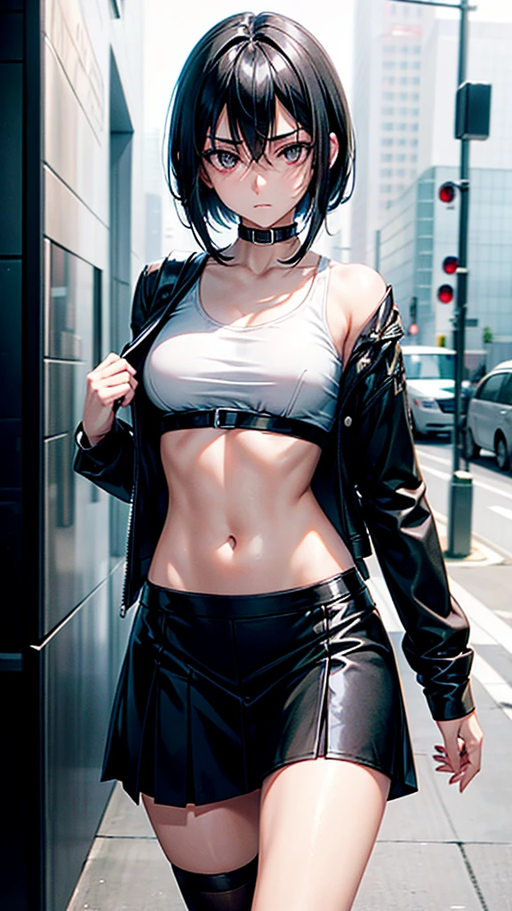 Teen girl, black short hair, white skin, black eyes, black short shirt, black skirt, , slim body, quiet, sad eyes, walking, beautiful. Anime sexy. Kurome Akame ga kill 