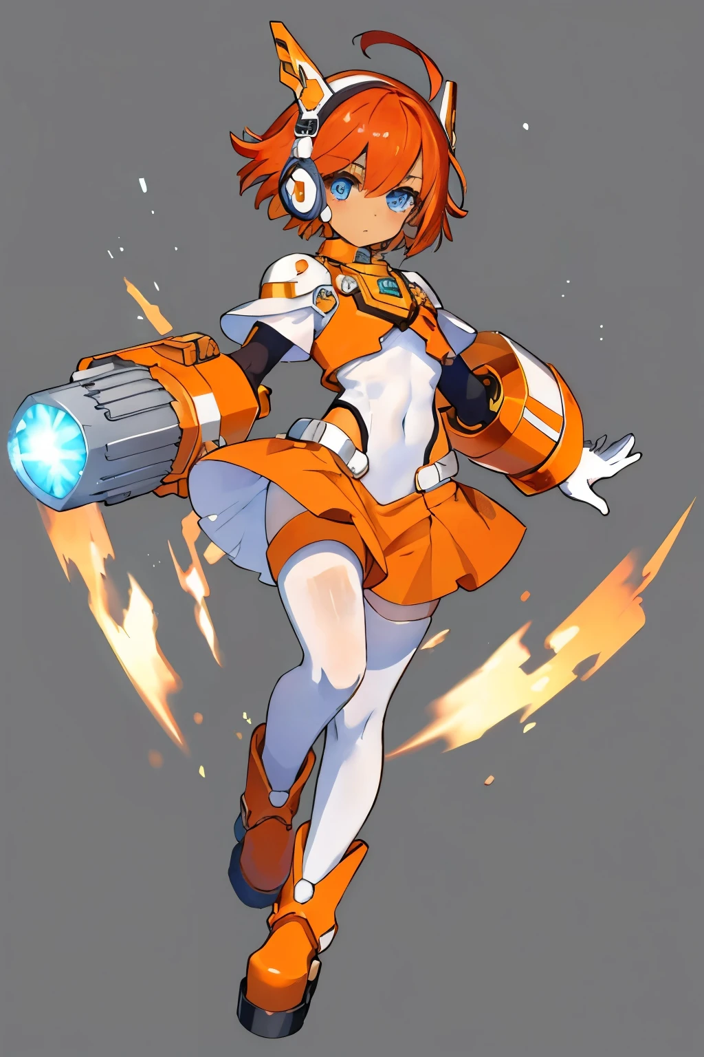 (complete body, good anatomy, best quality, 4k) 1 girl, solo, red bob cut hair, blue eyes, tanned skin, headphones, orange chest armor, white gloves, white bodysuit, orange skirt, white legwears, orange platform boots, plasma cannon, ruined temple background.