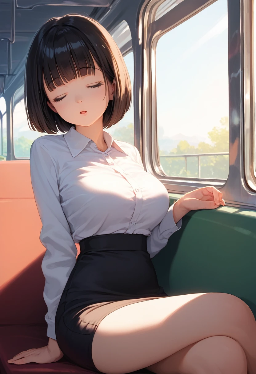 score_9,score_8_up,score_7_up,masterpiece,best quality, source anime, realistic, super detailed, extreme detailed, rating_safe,
1girl, sitting on seat, (sleeping:1.1), tilt head, office lady, I was up all night last night,
BREAK girl, 22yo, short hair, bob cut, (blunt bangs), black hair, (tareme, detailed cute brown eyes), curled eyelashes, (large breasts:0.9), 
shiny hair, beautiful detailed eyes, beautiful face,
white collared shirt, black jacket, black tight mini skirt, 
(closed eyes:1.2), wide open mouth, (drooling:0.5), 
in train, morning, window, sunlight,