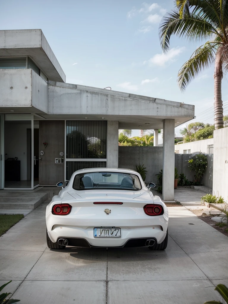 Design a mid-century modern tropical concrete bungalow architecture with sleek lines, minimalist and innovative materials. Create a down-to-earth contemporary feel for a sophisticated, urban space. A white Ferrari in the garage.