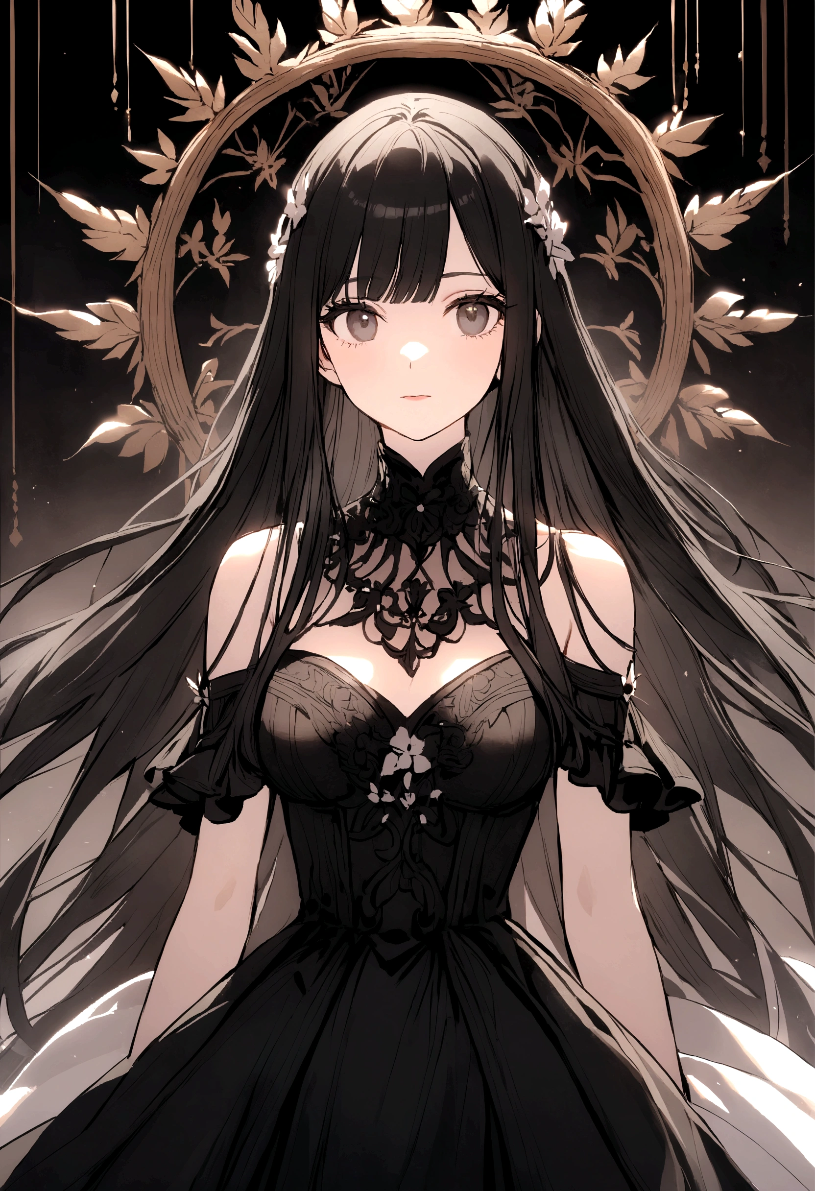 Black long hair，Straight Hair，The quiet older sister，garden，dress