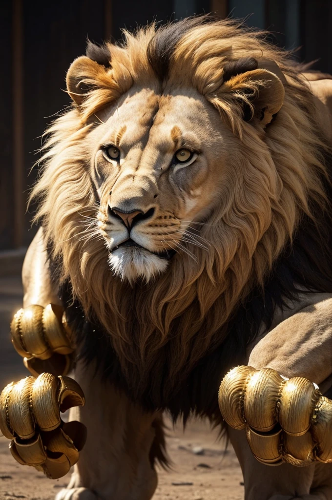Lion with brass knuckles, angry in fighting stance.