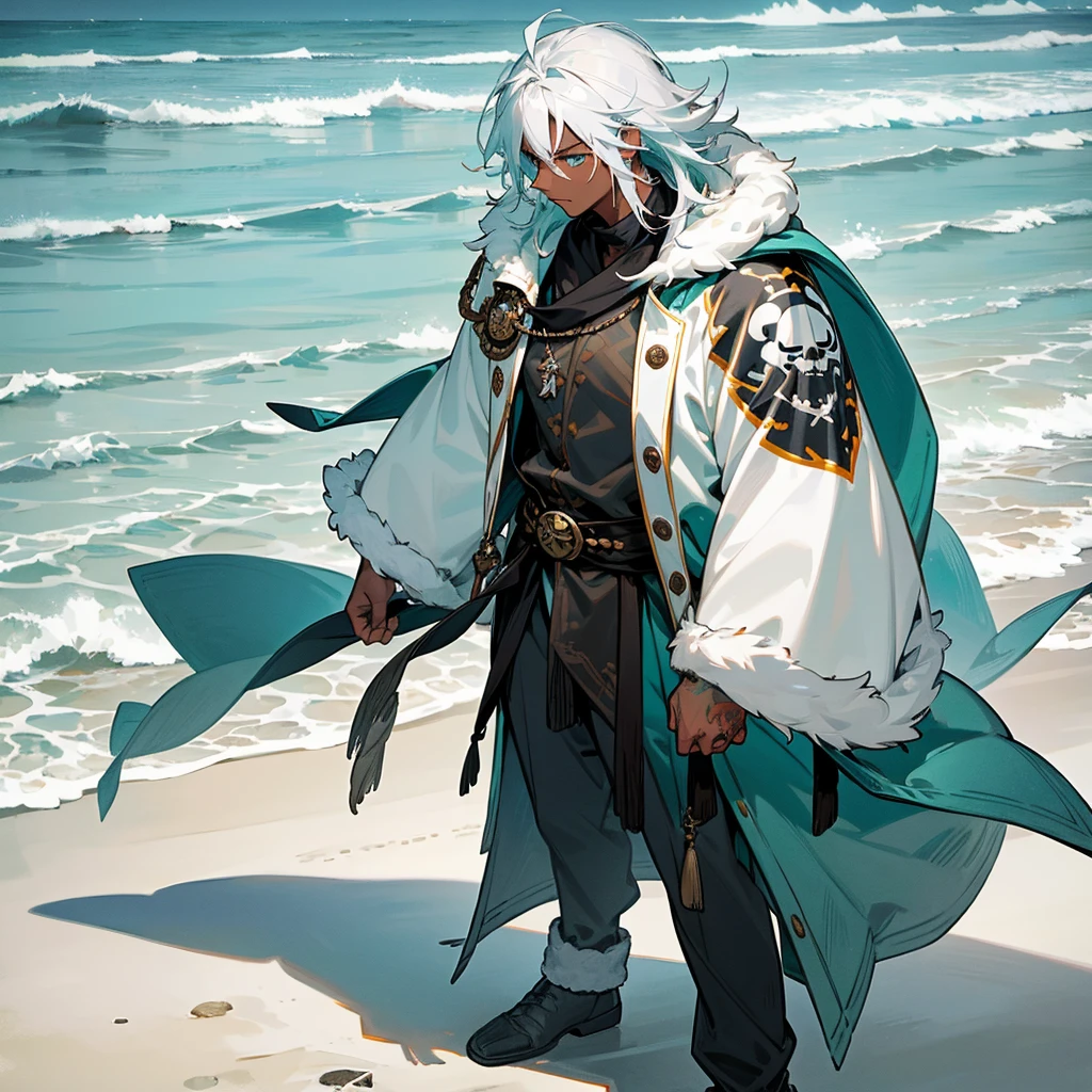 1male, young adult, dark skin, finely detailed aqua eyes, wild medium hair, seashell white hair color, loose pirate clothing, oversized fur hood, long sleeve compression shirt, standing on coast, day time, beach, somber expression, muscular, flowers, tattoos