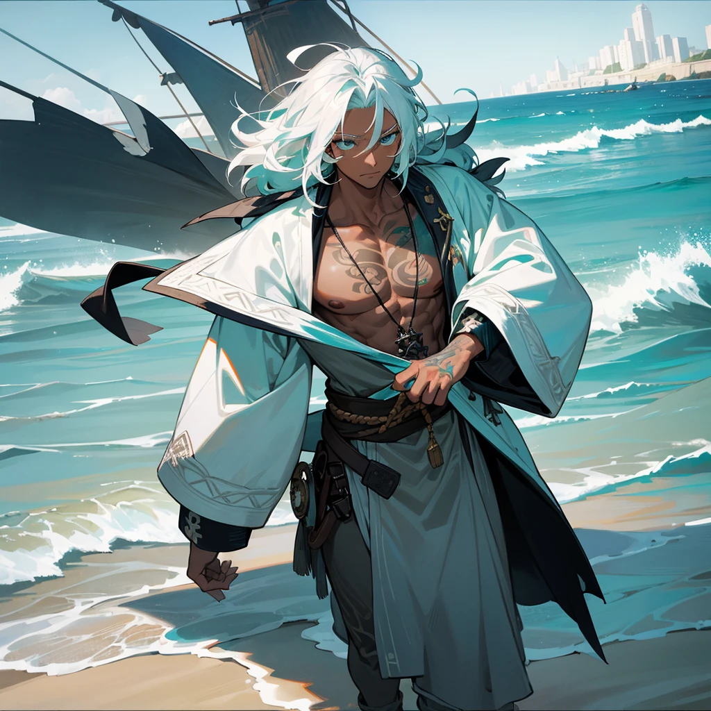 1male, young adult, dark skin, finely detailed aqua eyes, wild medium hair, seashell white hair color, loose pirate clothing, oversized fur hood, long sleeve compression shirt, standing on coast, day time, beach, somber expression, muscular, flowers, tattoos