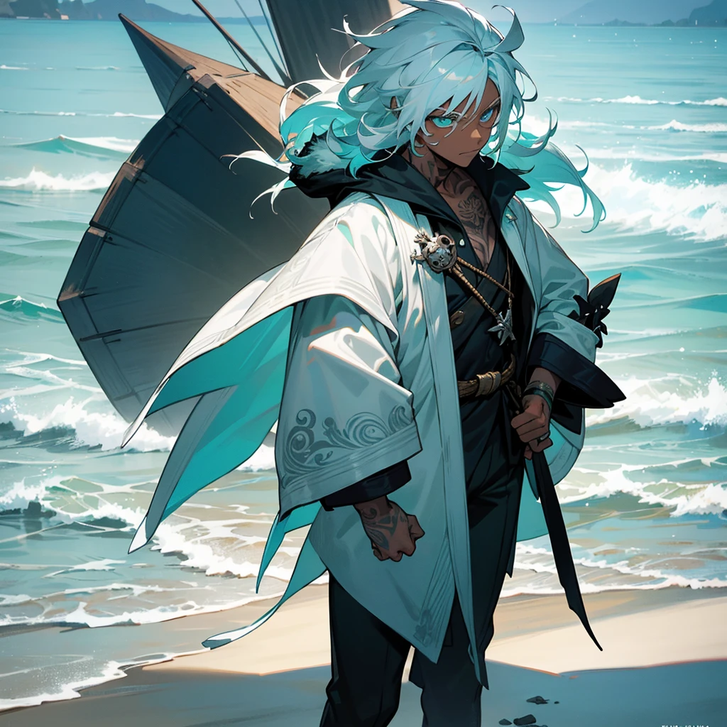 1male, young adult, dark skin, finely detailed aqua eyes, wild medium hair, seashell white hair color, loose pirate clothing, oversized fur hood, long sleeve compression shirt, standing on coast, day time, beach, somber expression, muscular, flowers, tattoos