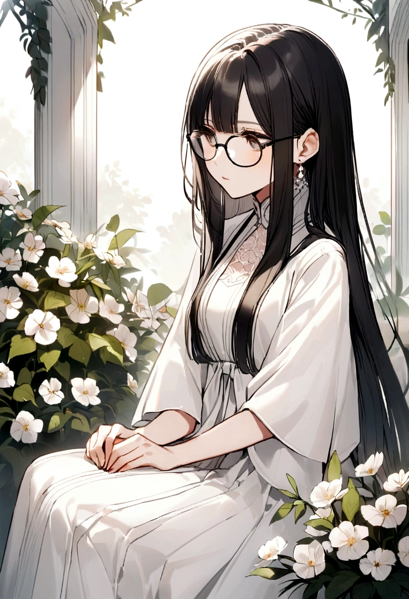 Black long hair，Straight Hair，Glasses，The quiet older sister，garden，White Dress