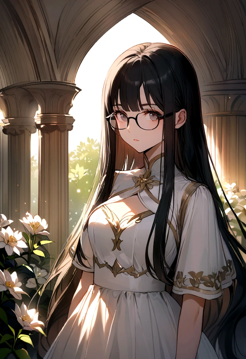Black long hair,Straight Hair,Glasses,The quiet older sister,garden,White Dress