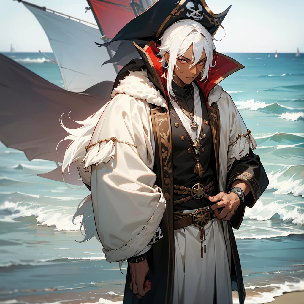 1male, young adult, dark skin, finely detailed crimson eyes, wild medium hair, seashell white hair color, loose pirate clothing, oversized fur hood, long sleeve compression shirt, standing on coast, day time, beach, somber expression, muscular, flowers, tattoos