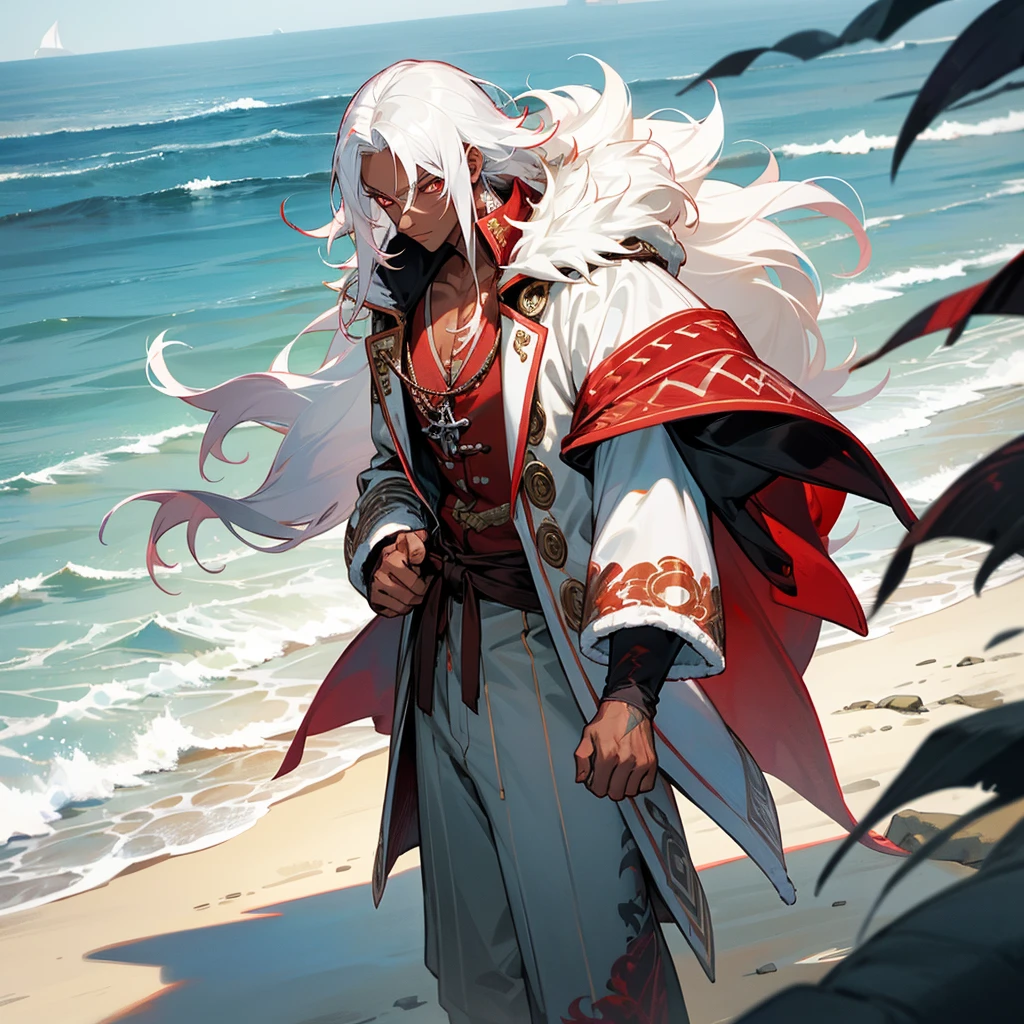 1male, young adult, dark skin, finely detailed crimson eyes, wild medium hair, seashell white hair color, loose pirate clothing, oversized fur hood, long sleeve compression shirt, standing on coast, day time, beach, somber expression, muscular, flowers, tattoos