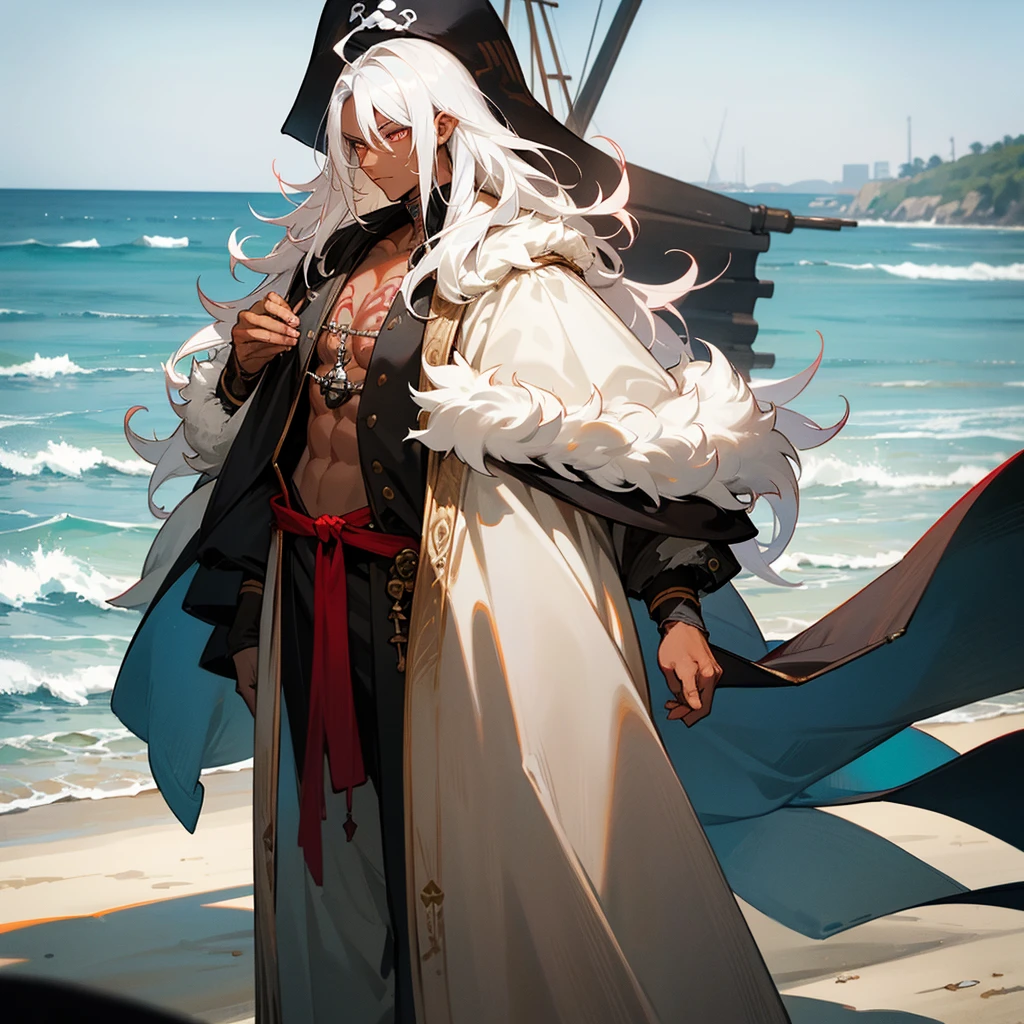 1male, young adult, dark skin, finely detailed crimson eyes, wild medium hair, seashell white hair color, loose pirate clothing, oversized fur hood, long sleeve compression shirt, standing on coast, day time, beach, somber expression, muscular, flowers, tattoos