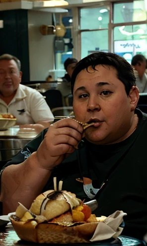 (((He is very chubby and is having a meal in the cafeteria with other Astronauts))), Inside the spacecraft.