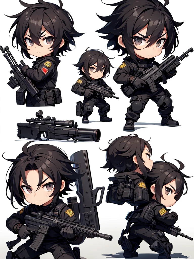 A masculine chibi, with dynamic poses next to a sniper rifle