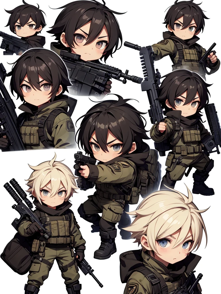 A masculine chibi, with dynamic poses next to a sniper rifle