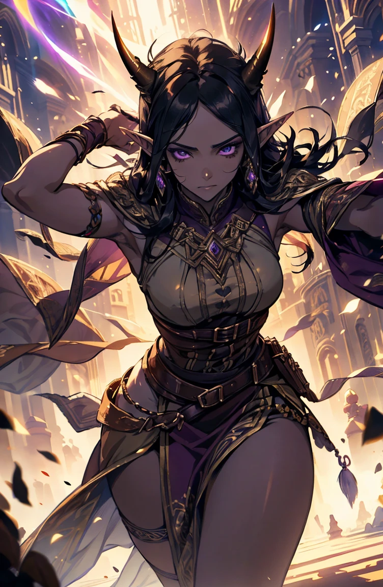 brown skin, older woman, sexy, tall, brown skin, one wing, black hair, elf, elf ears, horns, sleeveless, purple, dramatic compositions, Cinematic lighting, Ray tracing, dramatic shadows