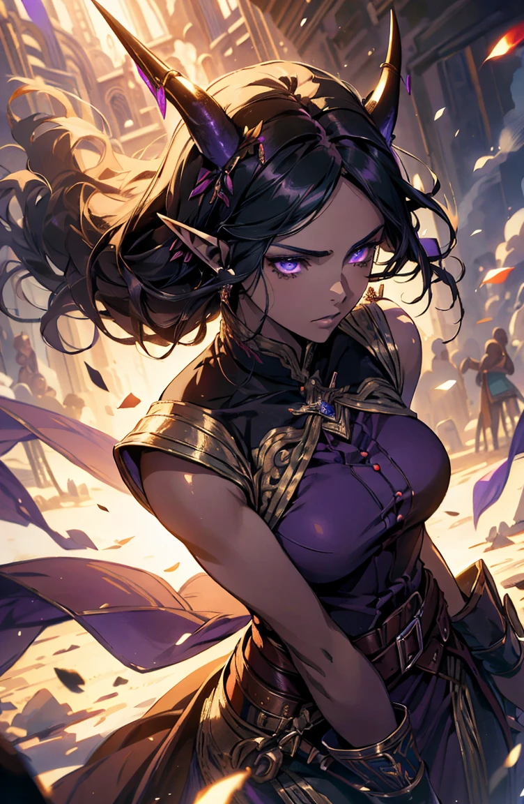 brown skin, older woman, sexy, tall, brown skin, one wing, black hair, elf, elf ears, horns, sleeveless, purple, dramatic compositions, Cinematic lighting, Ray tracing, dramatic shadows