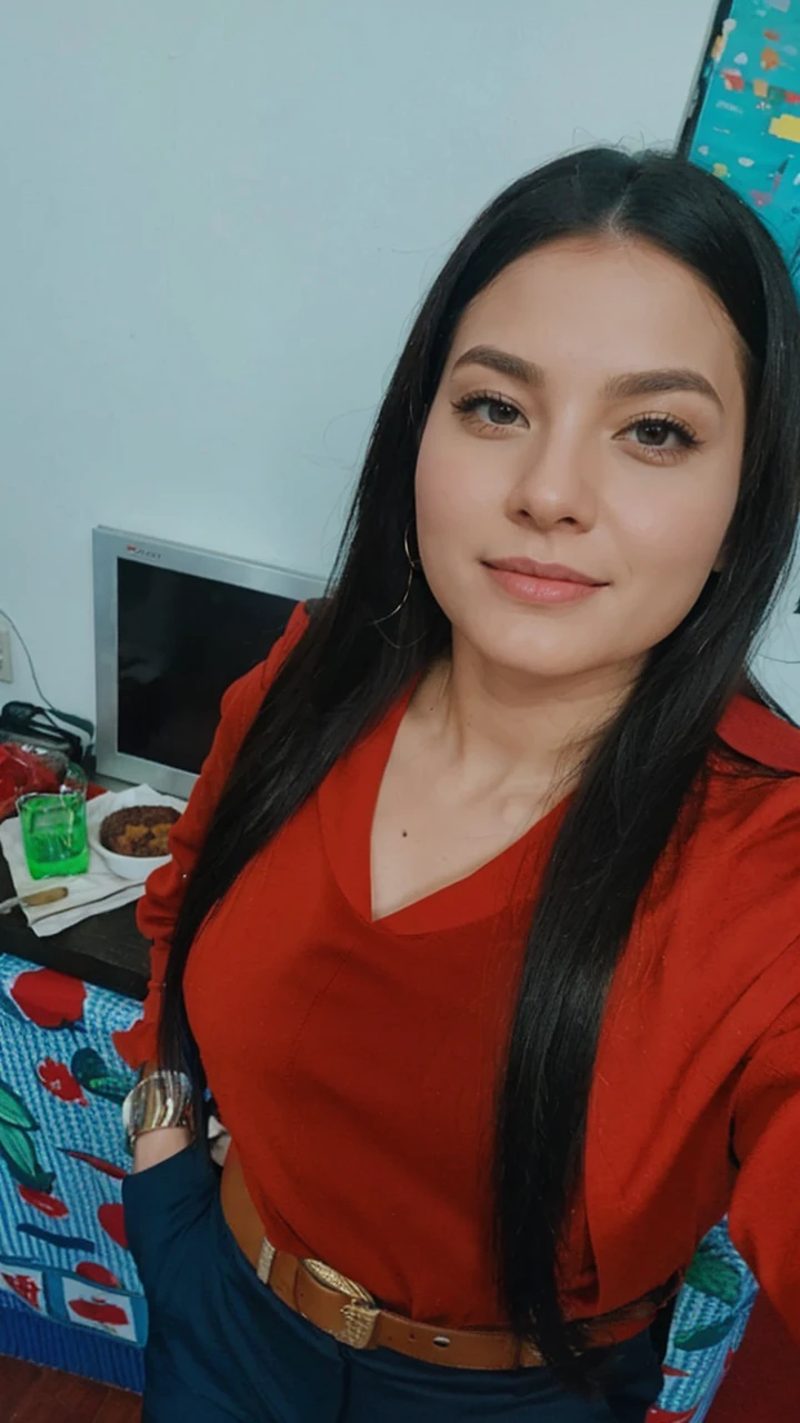 Red pants and blazer in a restaurant
