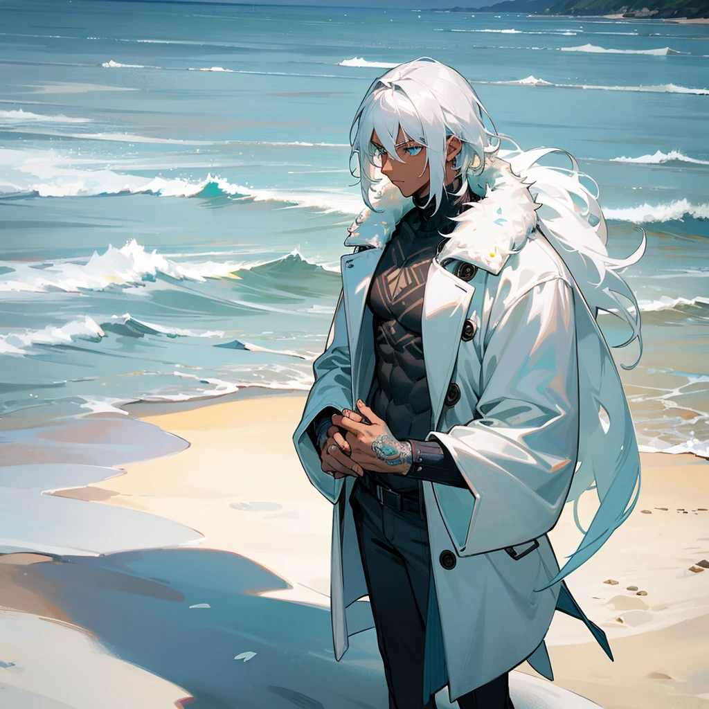 1male, young adult, dark skin, finely detailed aqua eyes, wild medium hair, seashell white hair color, long sleeve turtleneck sweater, oversized fur coat, standing on snowy path, day time, beach, somber expression, muscular, flowers, tattoos