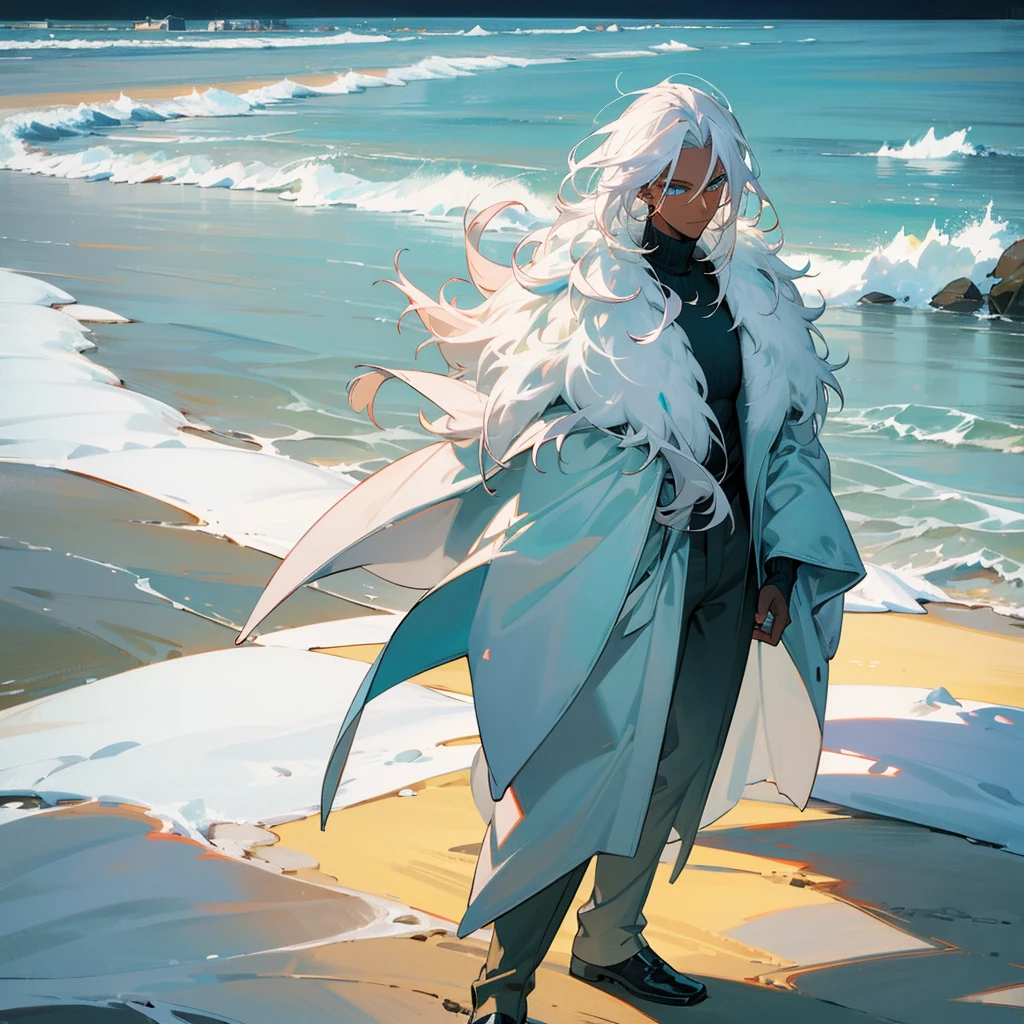 1male, young adult, dark skin, finely detailed aqua eyes, wild medium hair, seashell white hair color, long sleeve turtleneck sweater, oversized fur coat, standing on snowy path, day time, beach, somber expression, muscular, flowers, tattoos