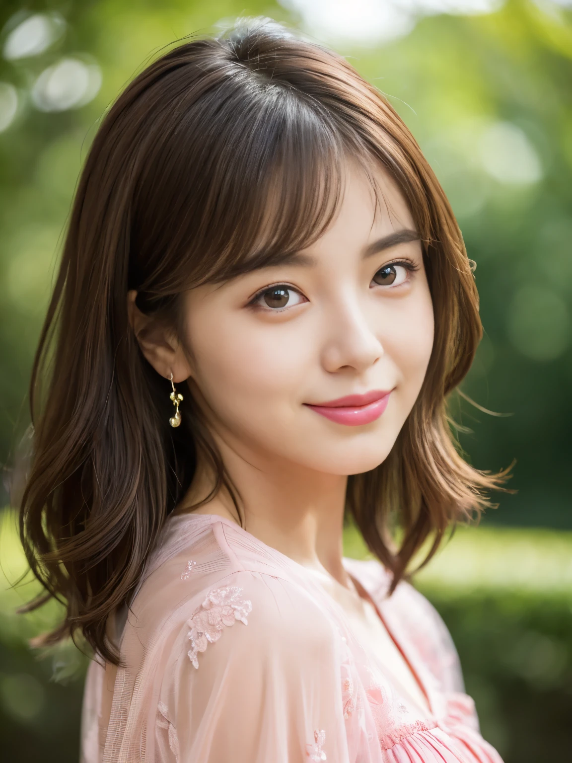 (RAW Photos), (Photo realistic), (masterpiece), (Highest quality), High resolution, 8K resolution, (Intricate details), (Volumetric Light), Portraiture, woman, 30 years old, Medium Hair, Layered Hair, Brown Hair, Highly detailed eyes, Source order, Very thin eyebrows, Highly detailed skin, Highly detailed mouth, Highly detailed nose, Cute like an idol, smile, ((Pink lipstick)), ((Look at the viewers)), (An elegant and transparent red see-through short-sleeved dress), ((Random turning direction)), green park background, Westshot,