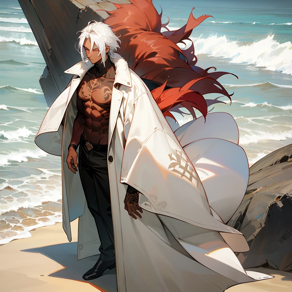 1male, young adult, dark skin, finely detailed crimson eyes, wild medium hair, seashell white hair color, long sleeve turtleneck sweater, oversized fur coat, standing on coast, day time, beach, somber expression, muscular, flowers, tattoos