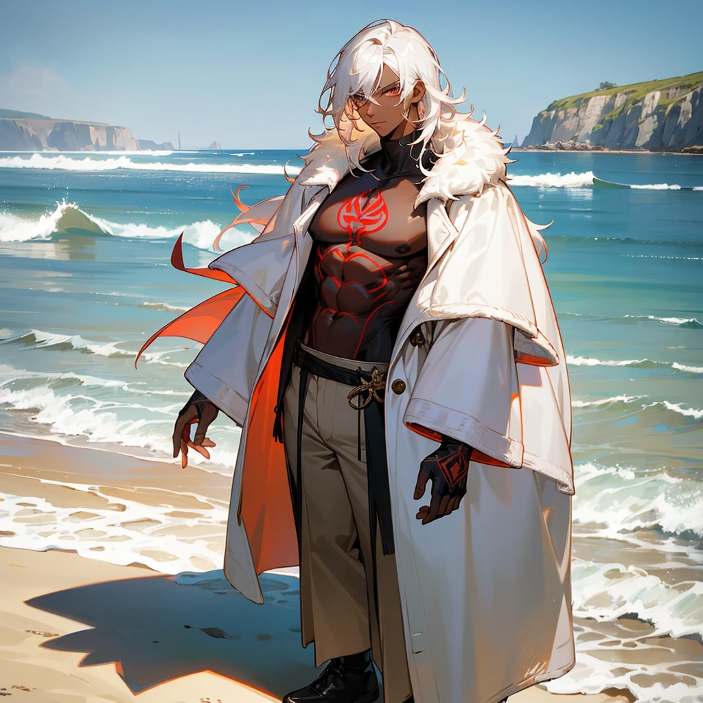 1male, young adult, dark skin, finely detailed crimson eyes, wild medium hair, seashell white hair color, long sleeve turtleneck sweater, oversized fur coat, standing on coast, day time, beach, somber expression, muscular, flowers, tattoos