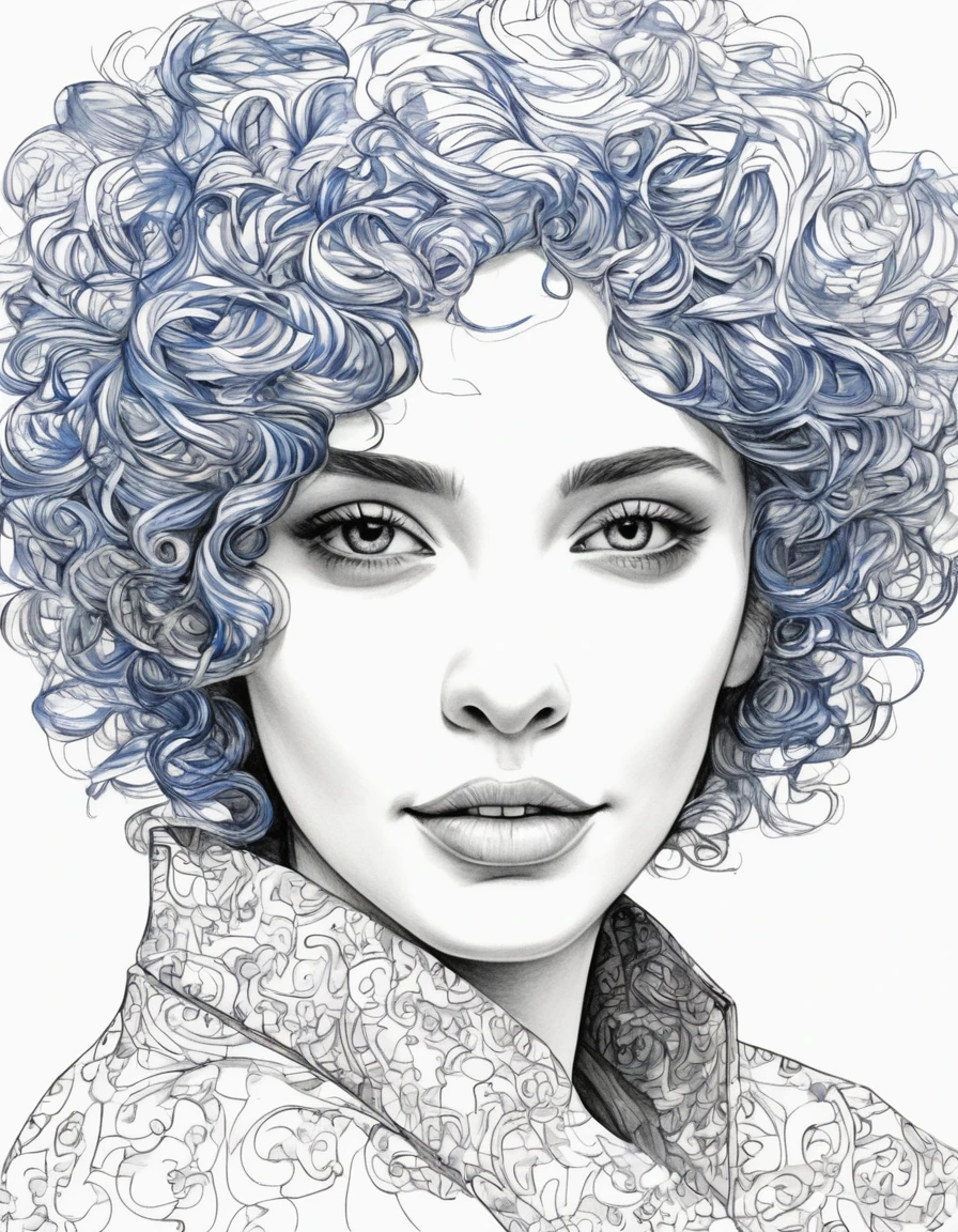 The image depicts a detailed pen sketch of an individual from the shoulders up. The face of the individual is obscured by a solid blue rectangle, making it impossible to identify any facial features. The hair appears to be curly or wavy and is depicted with numerous intricate lines and swirls that create a sense of volume and texture. The individual is wearing what seems to be a collared shirt and jacket, also rendered in fine lines that suggest folds and creases in the fabric.