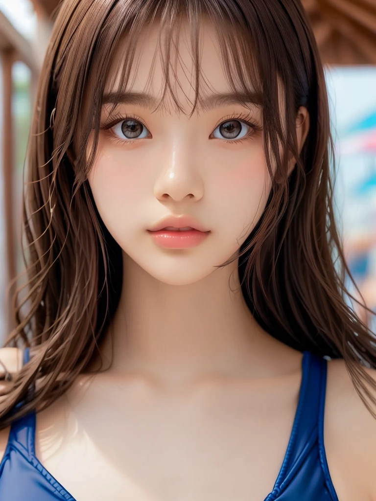 (Tabletop:1.4, Photorealistic:1.4, 8K), Highest quality, masterpiece, Ultra-high resolution, Perfect dynamic composition, Big Face、Round face、((Light brown hair, Long Hair, Layered Hair))、Highly detailed skin and facial textures:1.3, Limb details, 1 Girl, Cute sexy  girl, (Sunburn:1.0), ((Totally captivates you:0.9)), (( School Swimsuit 1.5)),Medium Chest, (Distant eyes, Beautiful Eyes, Brown eyes、Beautiful erotic eyes:0.85), Sexy Face:0.4, (Mouth closed、Small Mouth、Thick lips、A taste of beautiful eroticism:0.85), ((Too cute beauty:0.9))、Gal Makeup、((Extreme close up))