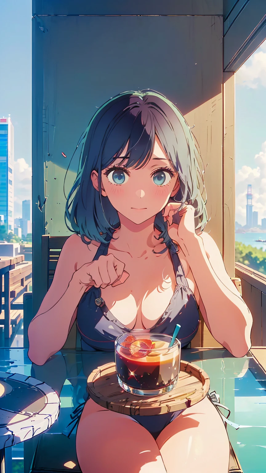 (Highest quality:1.4、masterpiece:1.4、Super detailed:1.4、8K:1.4)、F cup bust、Big Breasts、Slim body、((((1 person、Surprised expression、sit、Chair、In the background are the urban buildings of Tokyo、looking at the camera、Outdoor café terrace、coastal、Navy hair color、juice、Shooting up close、table、Very cute face))))、(Pose of putting hair behind ears with hands:1.4、Cheek resting on hand:1.4)、((nude、Areola、bikini))、Very blue sky、A completely cloudless sky、Big eyes、((((Shallow depth of field))))