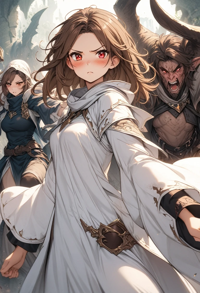 Adult female, average height, fantasy, very short brown hair, red eyes, cleric, black on white cleric robes, blushing, angry, fantasy dungeon, running from monsters, highly detailed, high quality, perfect eyes, perfect face, dirty, cuts