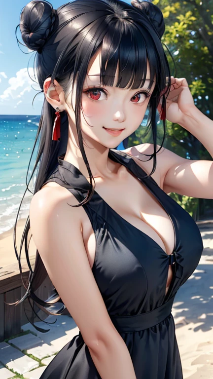 ((Highest quality)), ((masterpiece)), (detailed), Perfect Face , (masterpiece、Ultra-realistic、Ultra HD、A high resolution、16k image、Ultra High Definition Photo Images)、((detailed , masterpiece , official quality , official art , masterpiece , high resolution , ultra detailed , high resolution , extremely detailed CG)) , cool girl , Red Eyes、Red ribbon、long hair、red eyes , make up , dark grey hair , long hair , cute ,(two bun head) , (Bangs, blunt bangs) , chines dress 、beach , smile , Sleeveless