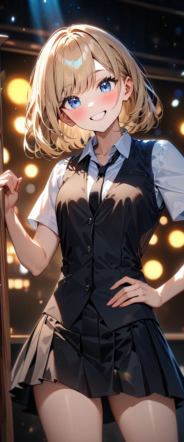 (((One girl))), blond hair, bob cut, (cowboy shot), (looking at viewer), (open collar), ((black tie under the waistcoat)), face in focus, teenager, head tilt:1.3, (((blue eye))), ((happy smile)), ((blush)), contrapposto, one hand on hip, school summer uniform, white shirts, skirt, black waistcoat, anime style, (best quality, 4k, 8k, highres, masterpiece:1.2, ultra-detailed, ultra-detailed eyes, HDR, UHD, studio lighting, ultra-fine painting, sharp focus, physically-based rendering, extreme detail description, professional, vivid colors, bokeh)