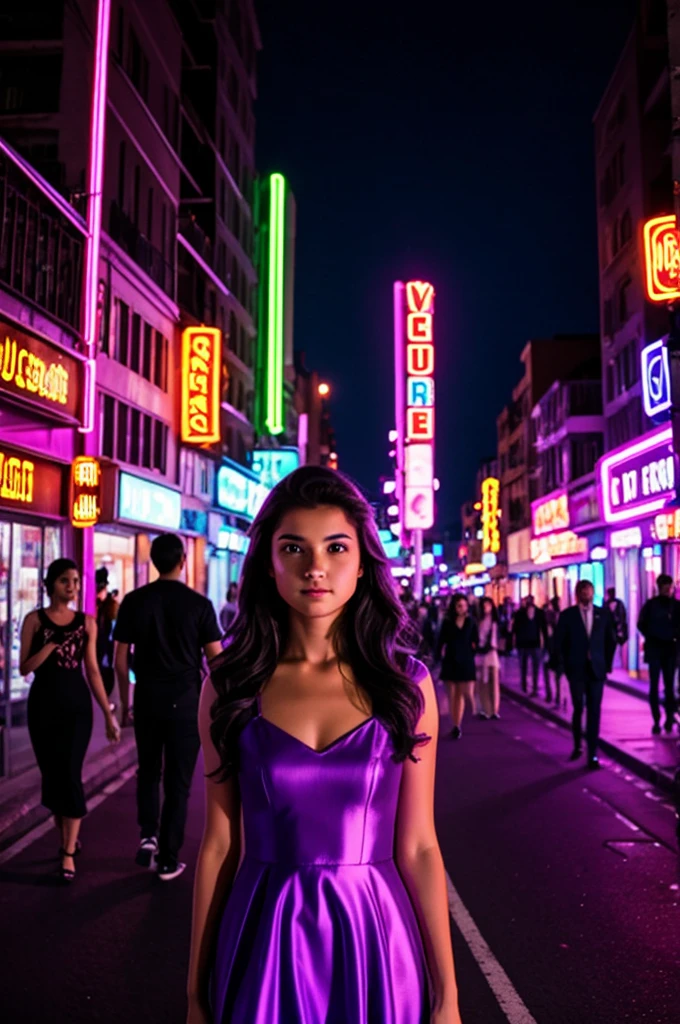 A young woman wearing a purple dress stands on a neon-lit street.