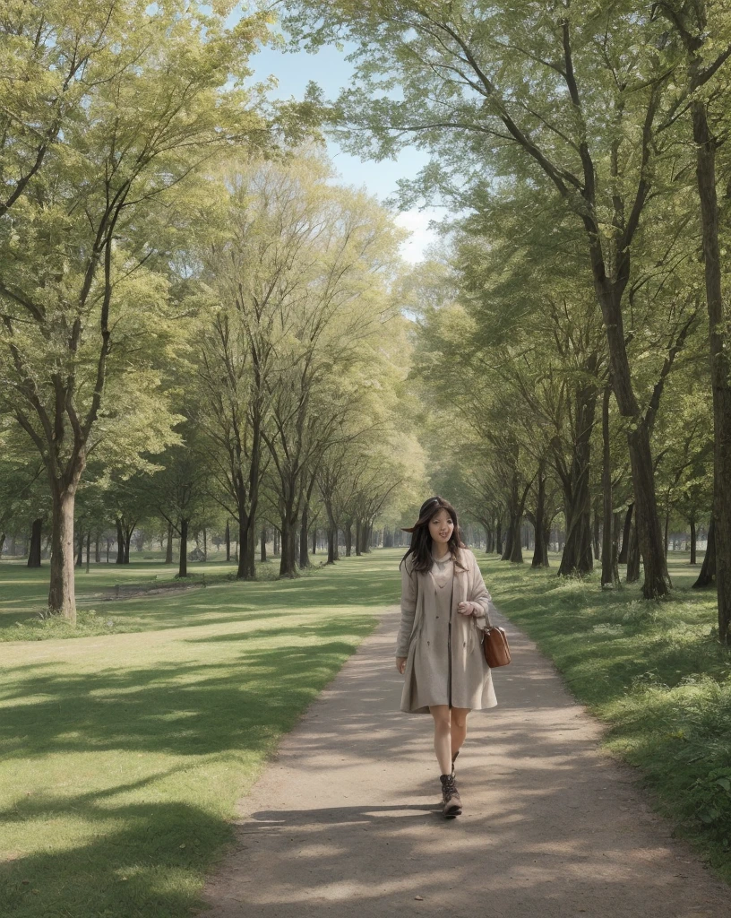 Make a very beautiful girl walking in the park